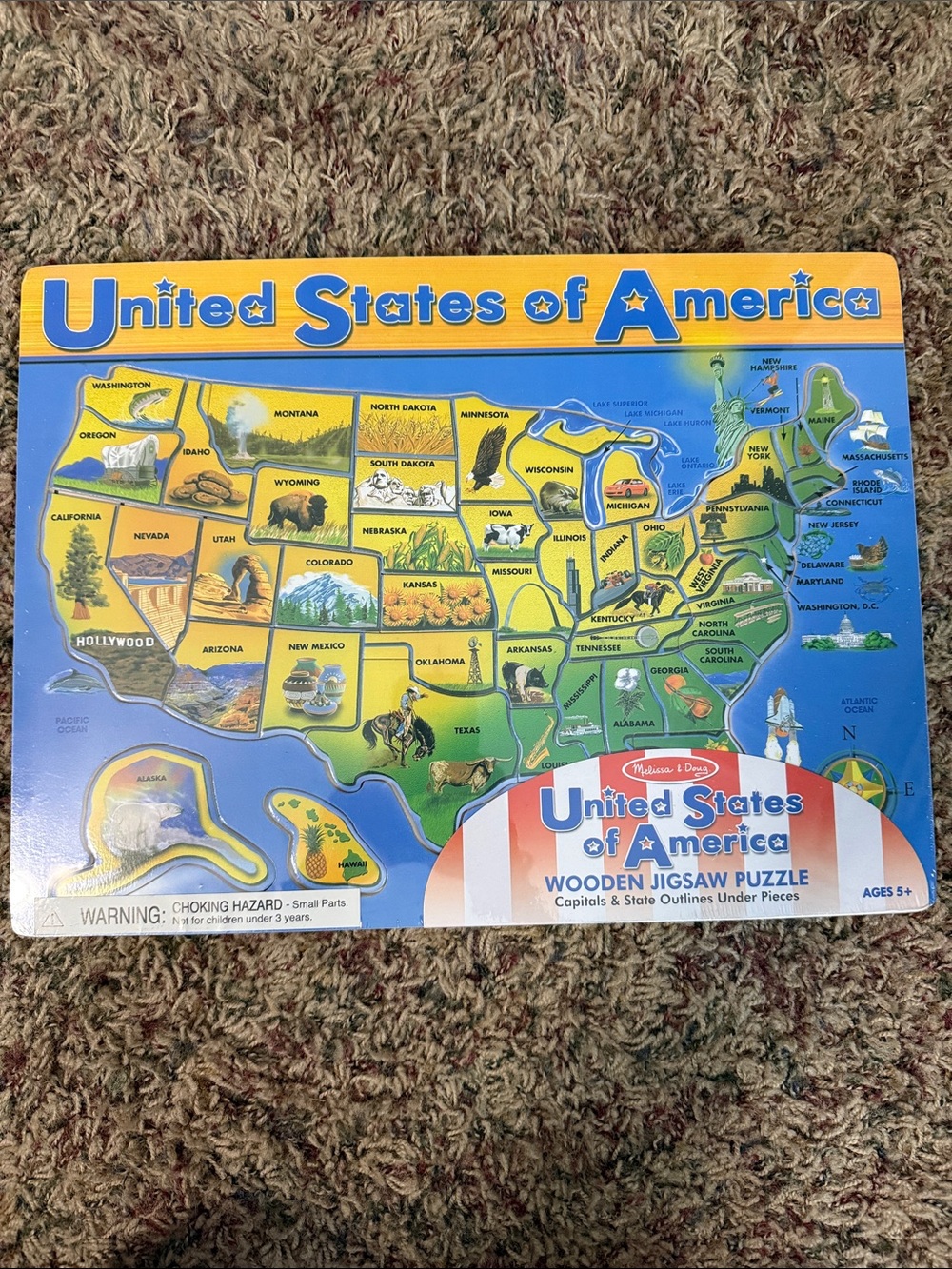 Melissa & Doug United States of America Wooden Puzzle - Blue, Yellow, Green